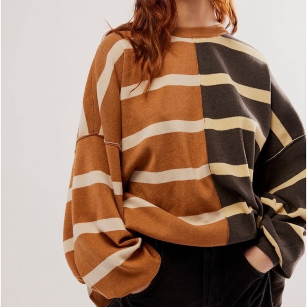 Free People Striped Crewneck Sweater in Brown, Cream, Black